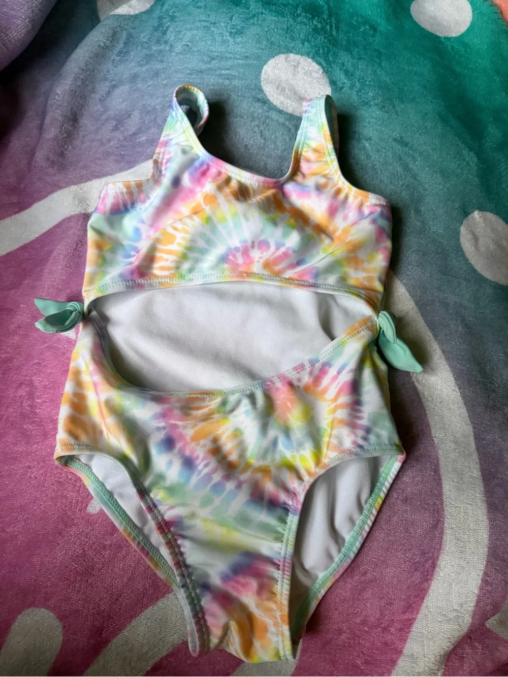 Kids Tie-Dye Cutout One-Piece Swimsuit - Pastel Rainbow